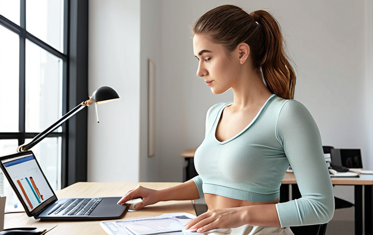 **

Prompt: "Woman wearing an 'invisible' posture corrector under her stylish casual clothes, confidently working at a modern office desk. Focus on the improved posture and discreet design of the corrector. Natural lighting, bright and airy office environment. Emphasize comfort and confidence."

**