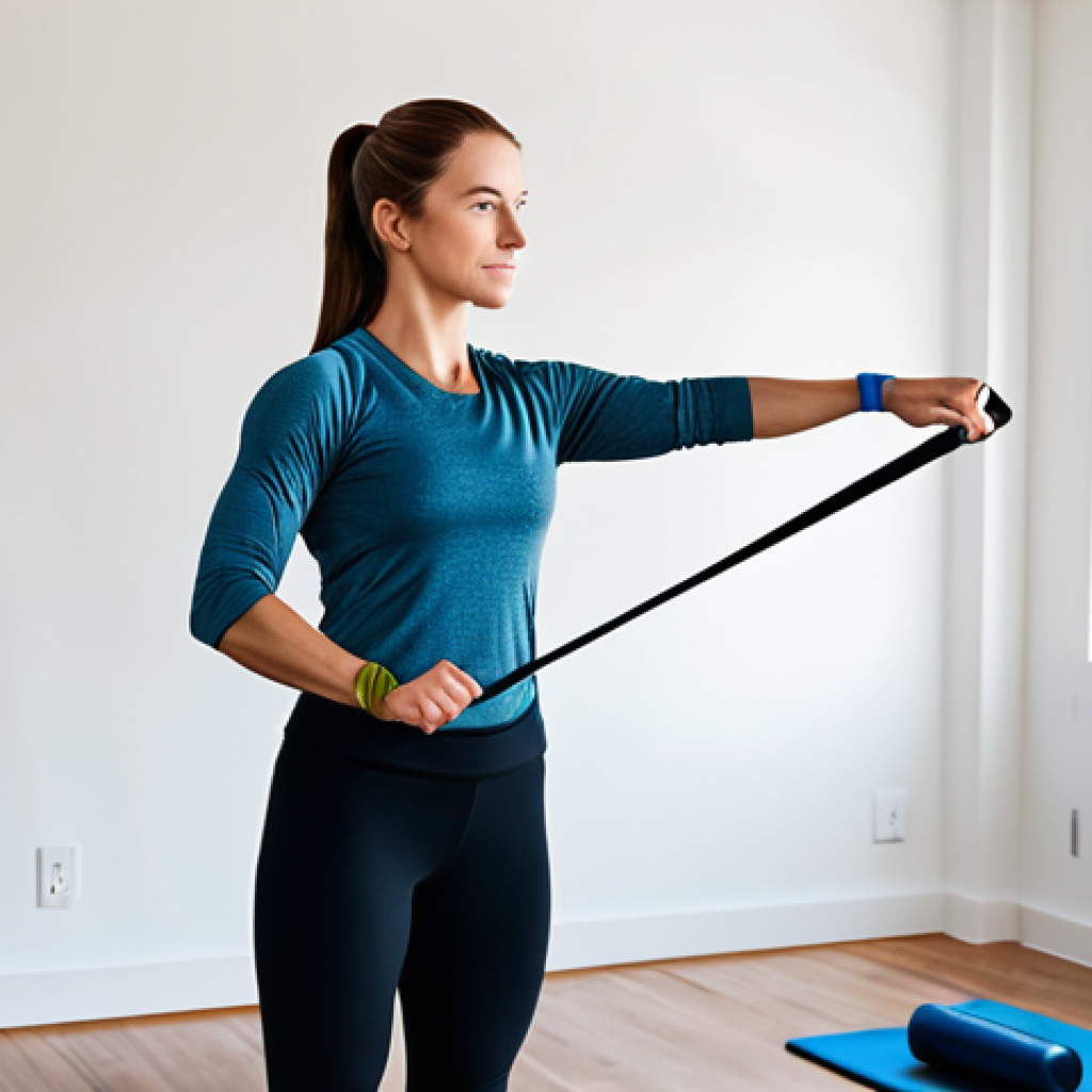 A focused individual, fully clothed in modest athletic wear, demonstrating a Pallof Press exercise with a resistance band in a bright, modern home gym setting. The person maintains a natural pose and correct proportions, showcasing strong core engagement and stability. The background features a clean, organized fitness space with minimalist decor. perfect anatomy, well-formed hands, proper finger count, natural body proportions, safe for work, appropriate content, fully clothed, modest, high-quality photograph, professional studio lighting.
