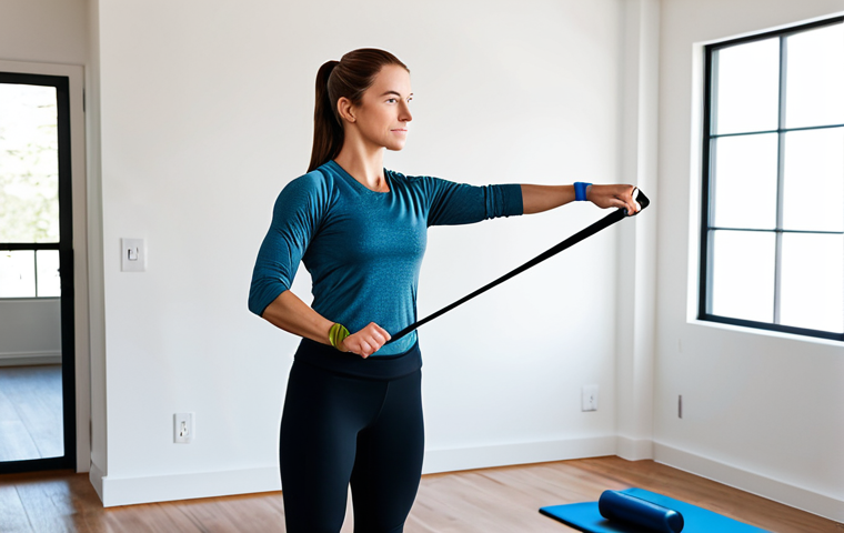 A focused individual, fully clothed in modest athletic wear, demonstrating a Pallof Press exercise with a resistance band in a bright, modern home gym setting. The person maintains a natural pose and correct proportions, showcasing strong core engagement and stability. The background features a clean, organized fitness space with minimalist decor. perfect anatomy, well-formed hands, proper finger count, natural body proportions, safe for work, appropriate content, fully clothed, modest, high-quality photograph, professional studio lighting.