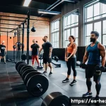 Home 22 크로스핏 트레이닝 초보자 가이드 - A diverse group of CrossFit beginners training inside a bright, modern gym with natural light. They ...