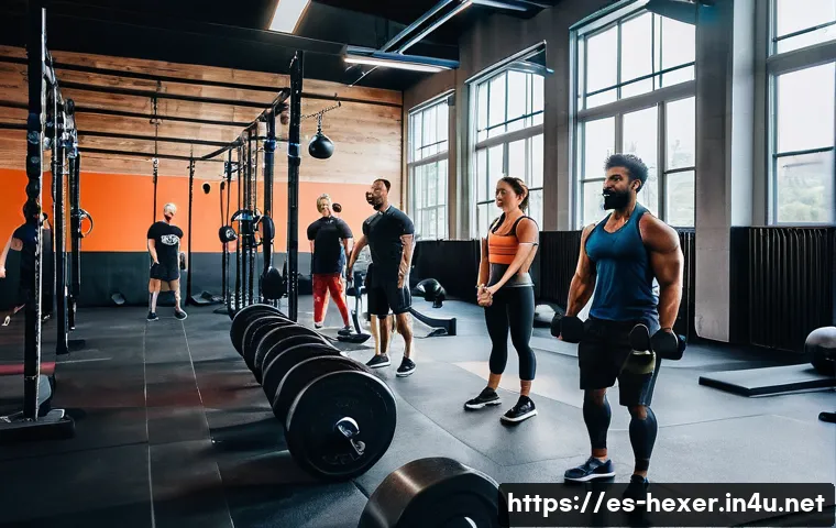 크로스핏 트레이닝 초보자 가이드 - A diverse group of CrossFit beginners training inside a bright, modern gym with natural light. They ...