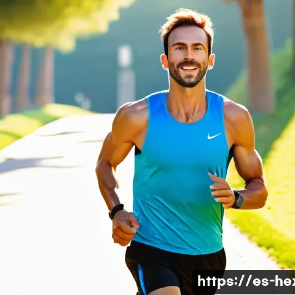 러닝 중 근육 경련 예방법 - A detailed scene of a male runner in mid-stride on a sunny urban park path in Spain, wearing lightwe...