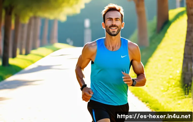 러닝 중 근육 경련 예방법 - A detailed scene of a male runner in mid-stride on a sunny urban park path in Spain, wearing lightwe...