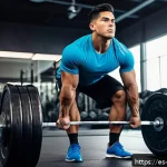 Home 19 크로스핏 초보자를 위한 바벨 기술 - A focused young Hispanic male athlete performing a barbell deadlift in a modern gym setting, wearing...