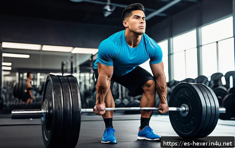 크로스핏 초보자를 위한 바벨 기술 - A focused young Hispanic male athlete performing a barbell deadlift in a modern gym setting, wearing...
