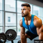 Home 18 스쿼트 머신과 프리웨이트 비교 - A fit young Hispanic man performing squats with free weights in a modern gym, focusing on perfect te...