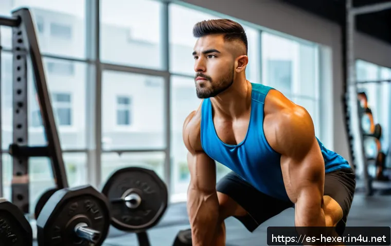 스쿼트 머신과 프리웨이트 비교 - A fit young Hispanic man performing squats with free weights in a modern gym, focusing on perfect te...