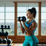 Home 23 팔 근력 강화를 위한 덤벨 동작 - A fit Hispanic woman in her 30s performing classic bicep curls with dumbbells in a bright, modern ho...