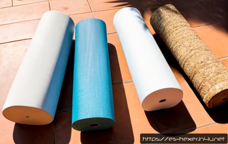 요가 매트 소재와 두께 비교 - Photorealistic top-down comparison of four unbranded yoga mats arranged side by side on a sunlit ter...