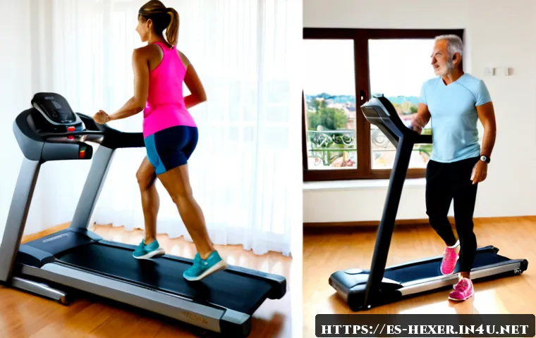 Home 30 러닝머신 vs 엘립티컬 장단점 비교 - Photorealistic side-by-side home fitness comparison in a bright modern Spanish apartment, a sleek tr...