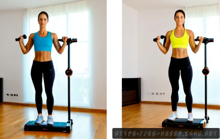 Home 17 스마트 홈트 기구 미러와 톤 비교 - Photorealistic split-screen comparison in a bright contemporary Spanish apartment living room, left ...