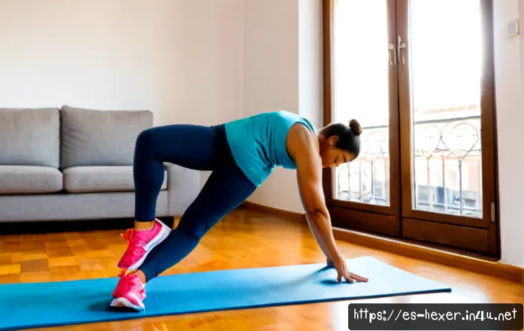 부상 방지를 위한 스트레칭 팁 - Photorealistic early-morning injury prevention stretching routine in a bright apartment in Madrid, a...